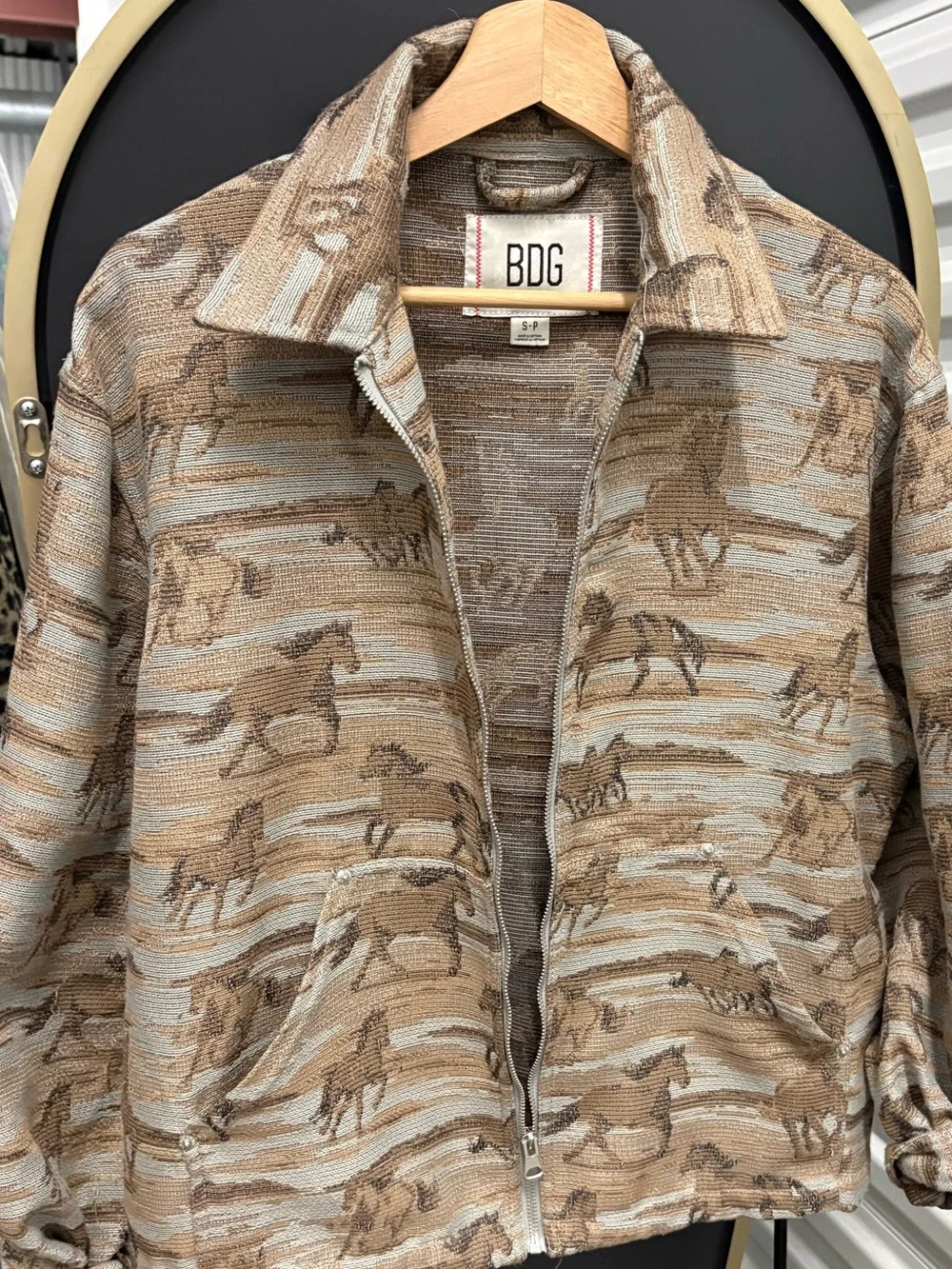 BDG Brown Abstract Camo Zip-Up Jacket w/ Horse Print